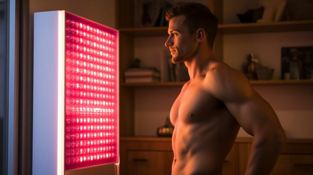Huberman red light therapy, man using full body red light panel