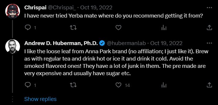 Tweet from Professor Huberman on Yerba Mate