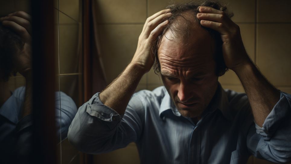 Balding man looking at his hair in the mirror