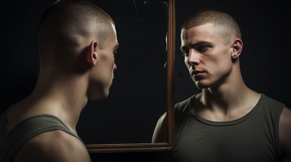 Man examining his hair in the mirror