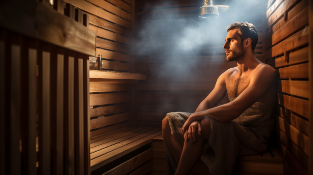 Man in sauna for heat acclimation protocol