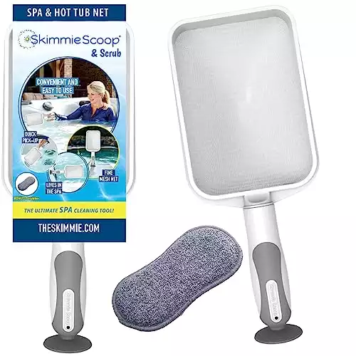 The Skimmie Scoop - Patented Handheld Skimmer with Fine Mesh Net for Spa, Hot Tub, and Small Pool Cleaning - Lightweight and Durable with Powerful Suction Cup - Fits in Filter Compartment (White)