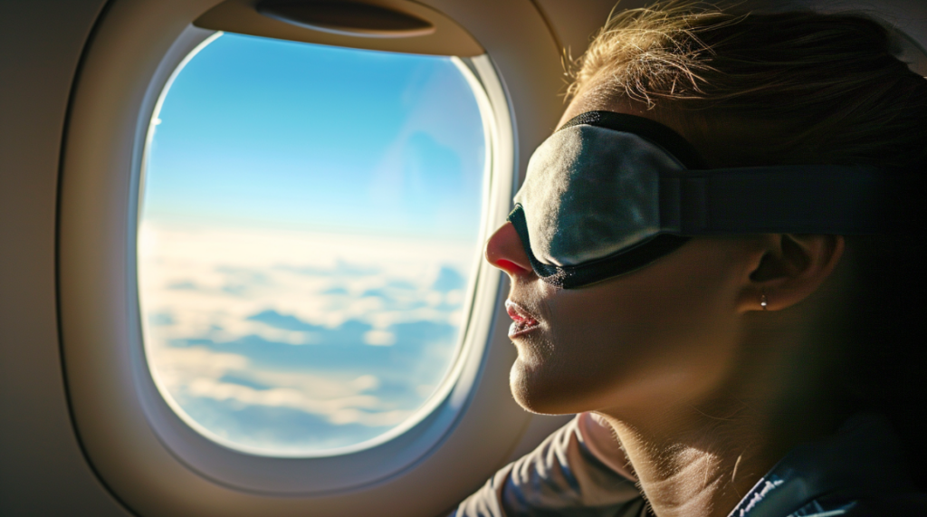 Woman sleeping on airplane with mask to avoid jet lag
