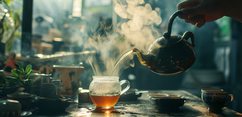 Pouring Java tea from a tea pot