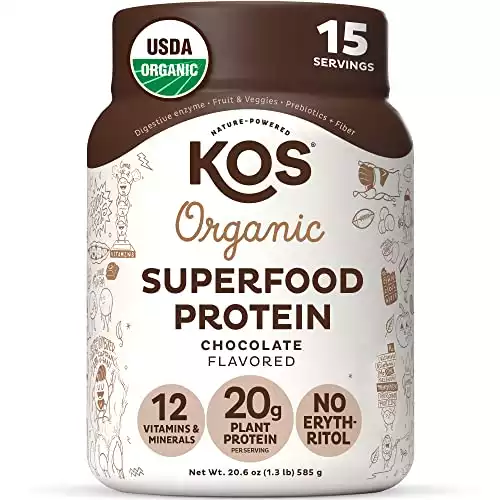 KOS Plant Based Protein Powder, Chocolate USDA Organic - Low Carb Pea Protein Blend, Vegan Superfood